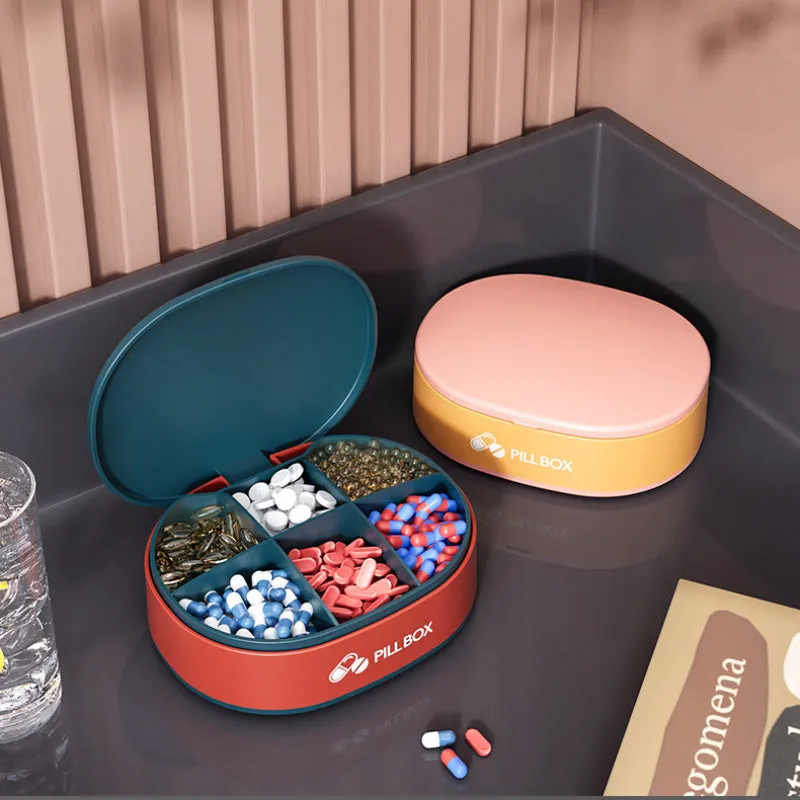 6-compartment portable pill case in dark blue with silicone ring seal and outer lock