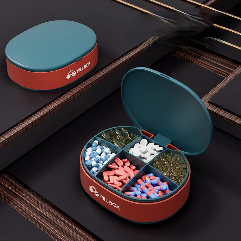 6-compartment portable pill case in dark blue with silicone ring seal and outer lock