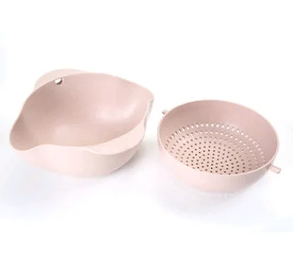 Kitchen plastic double-deck washing basket in blue with sieve insert for draining rice and fruit