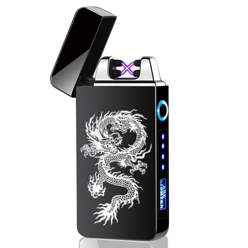 USB charging double arc lighter in silver zinc alloy with ice noodle finish on white background
