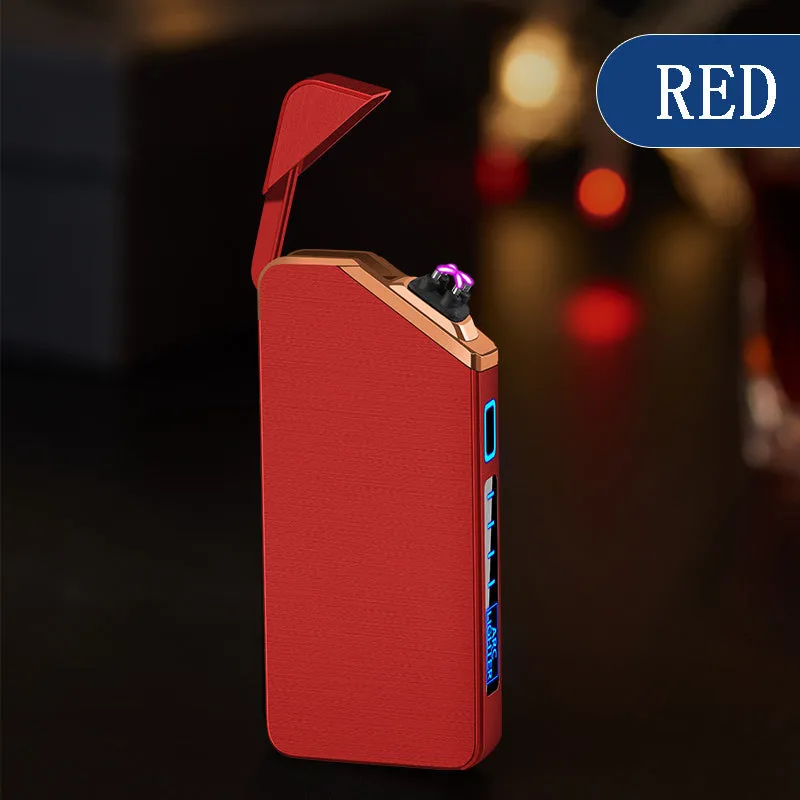 USB charging double arc lighter in silver zinc alloy with ice noodle finish on white background