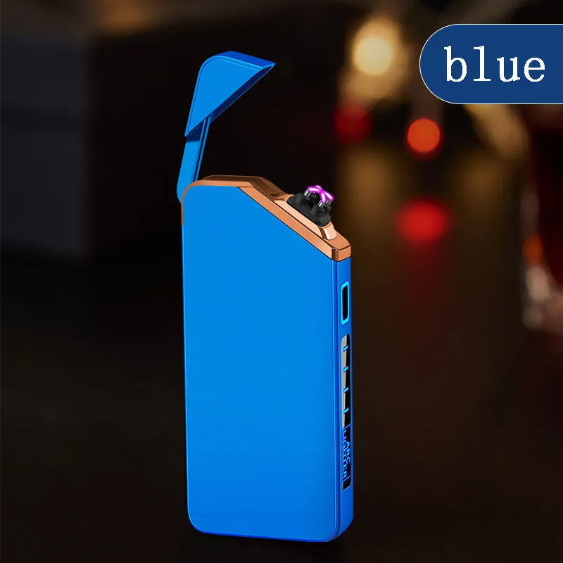 USB charging double arc lighter in silver zinc alloy with ice noodle finish on white background