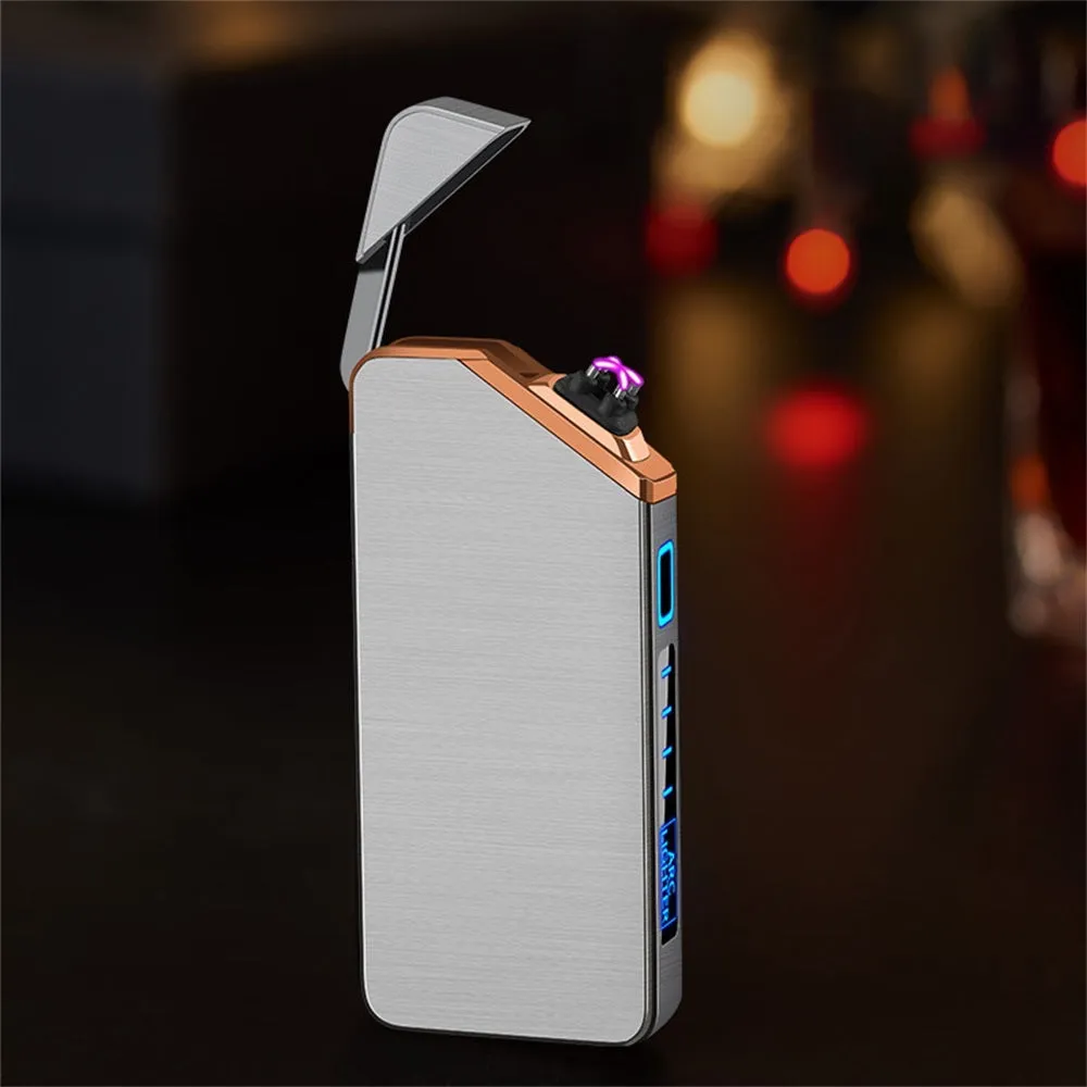 USB charging double arc lighter in silver zinc alloy with ice noodle finish on white background