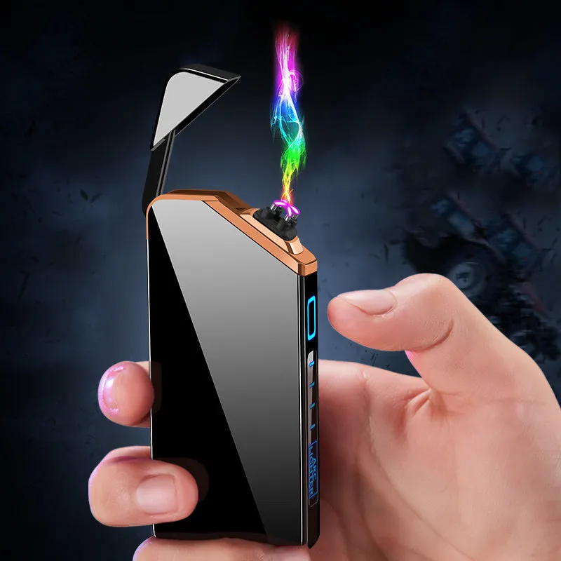 USB charging double arc lighter in silver zinc alloy with ice noodle finish on white background