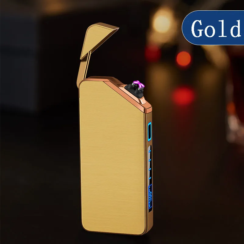 USB charging double arc lighter in silver zinc alloy with ice noodle finish on white background