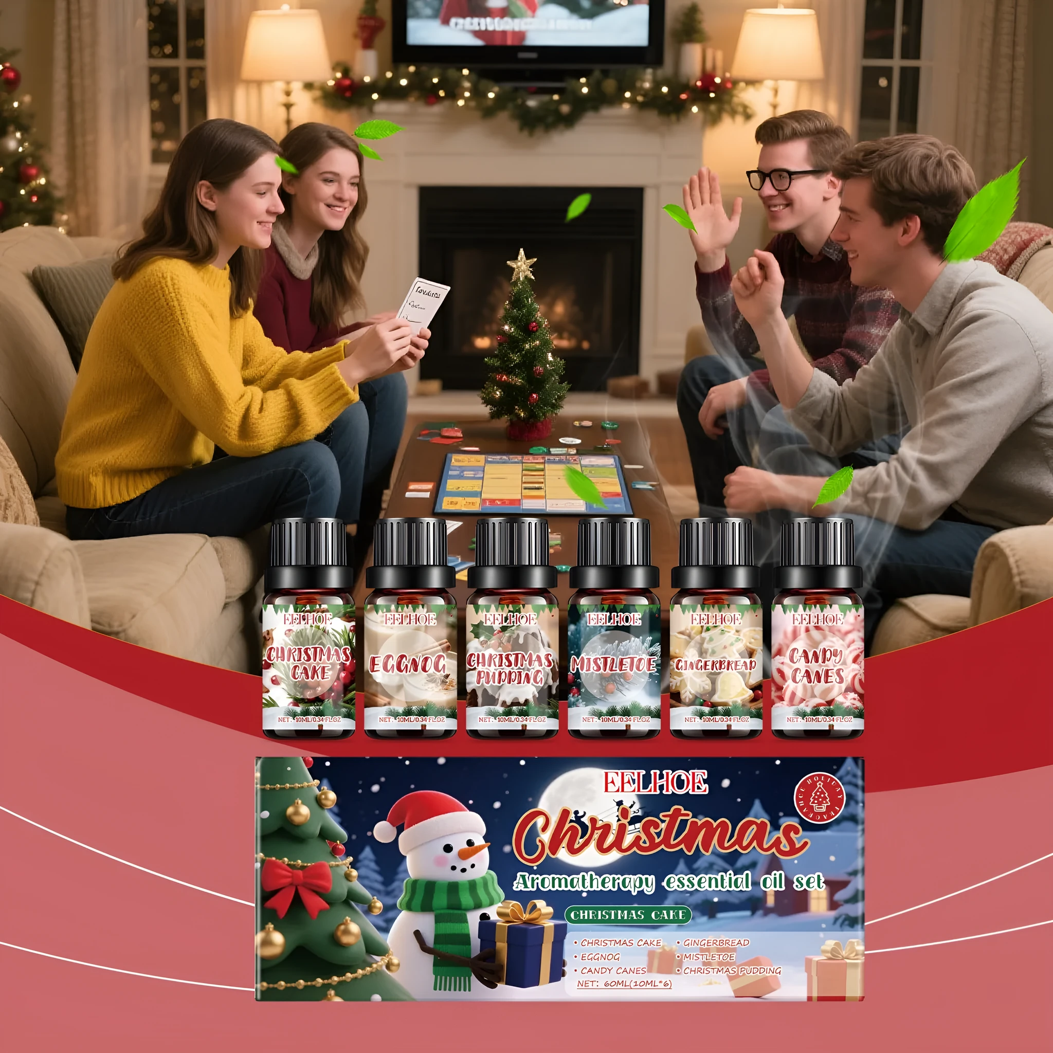 Set of six Christmas aromatherapy oil bottles, each containing 60ml of festive scented oil.