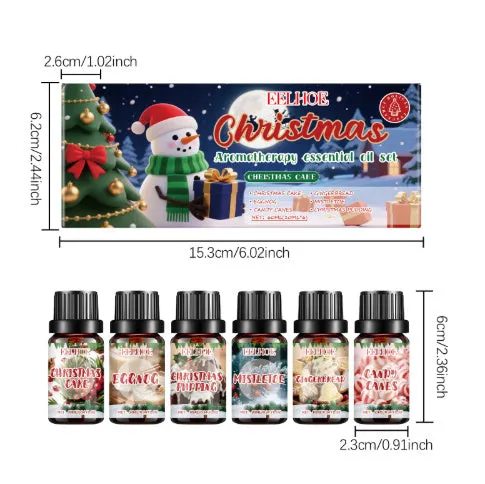 Set of six Christmas aromatherapy oil bottles, each containing 60ml of festive scented oil.