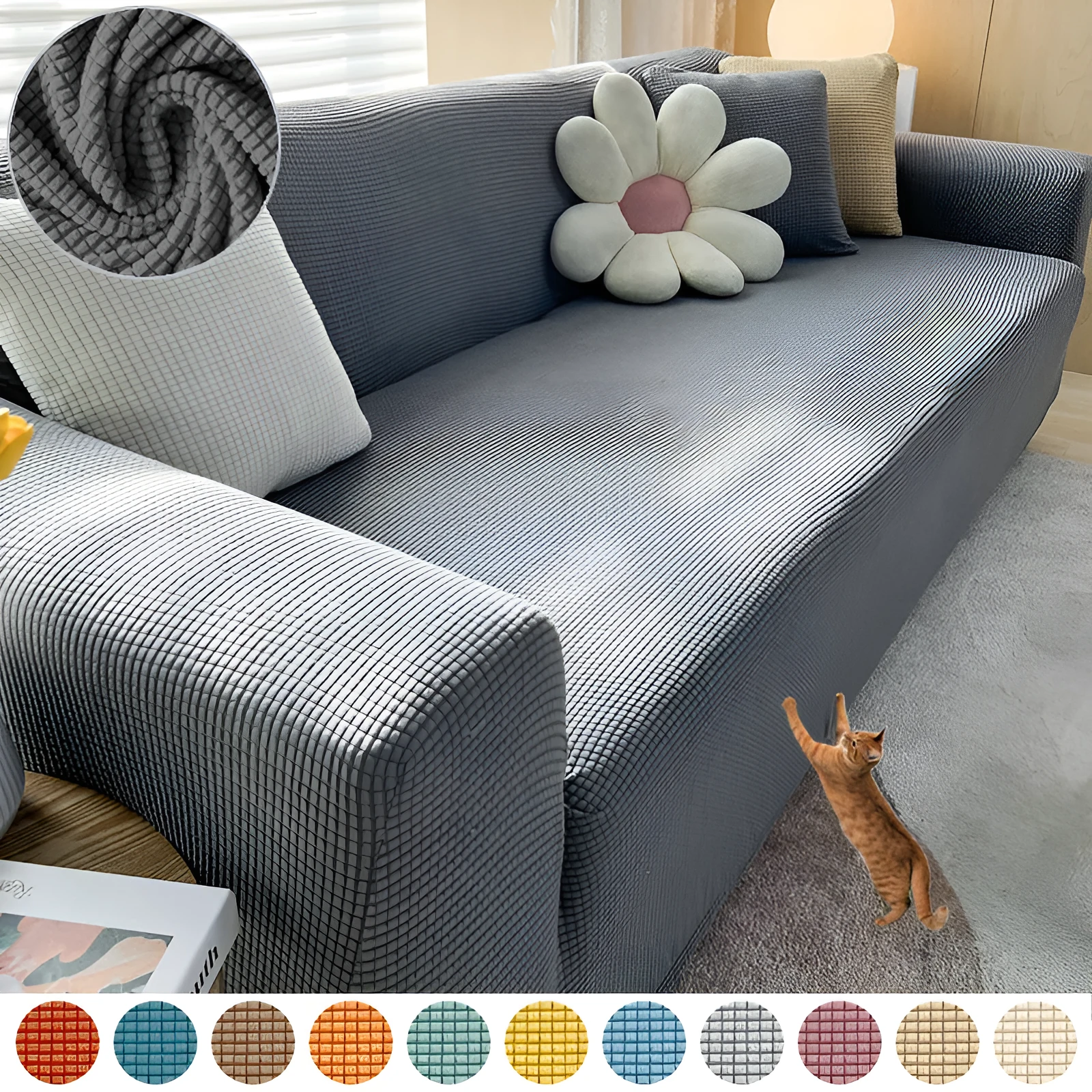 Waterproof polar fleece solid colour sofa slipcover with elastic bottom fitted on a 3-seat sofa in beige colour