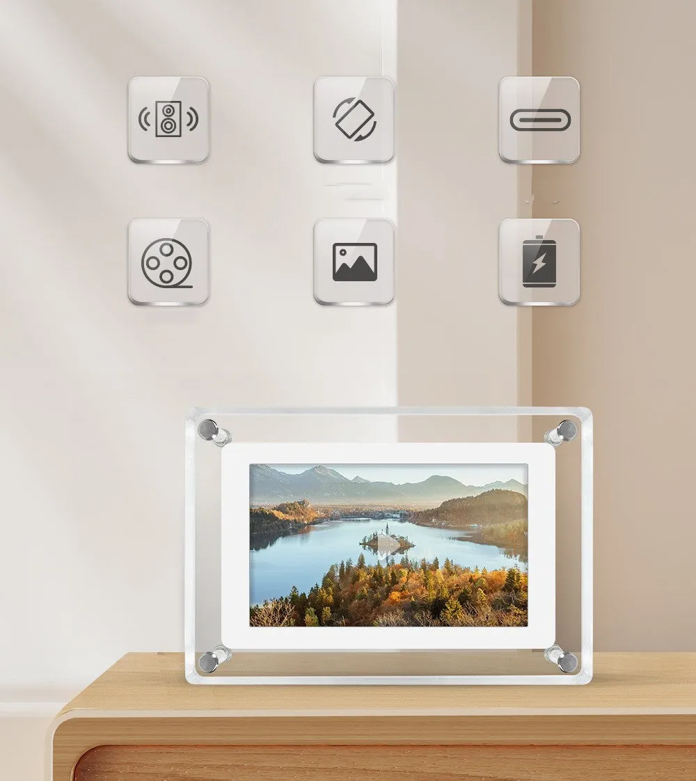 5-inch transparent acrylic digital photo frame with IPS screen and anti-dumping bracket, showing a photo on display