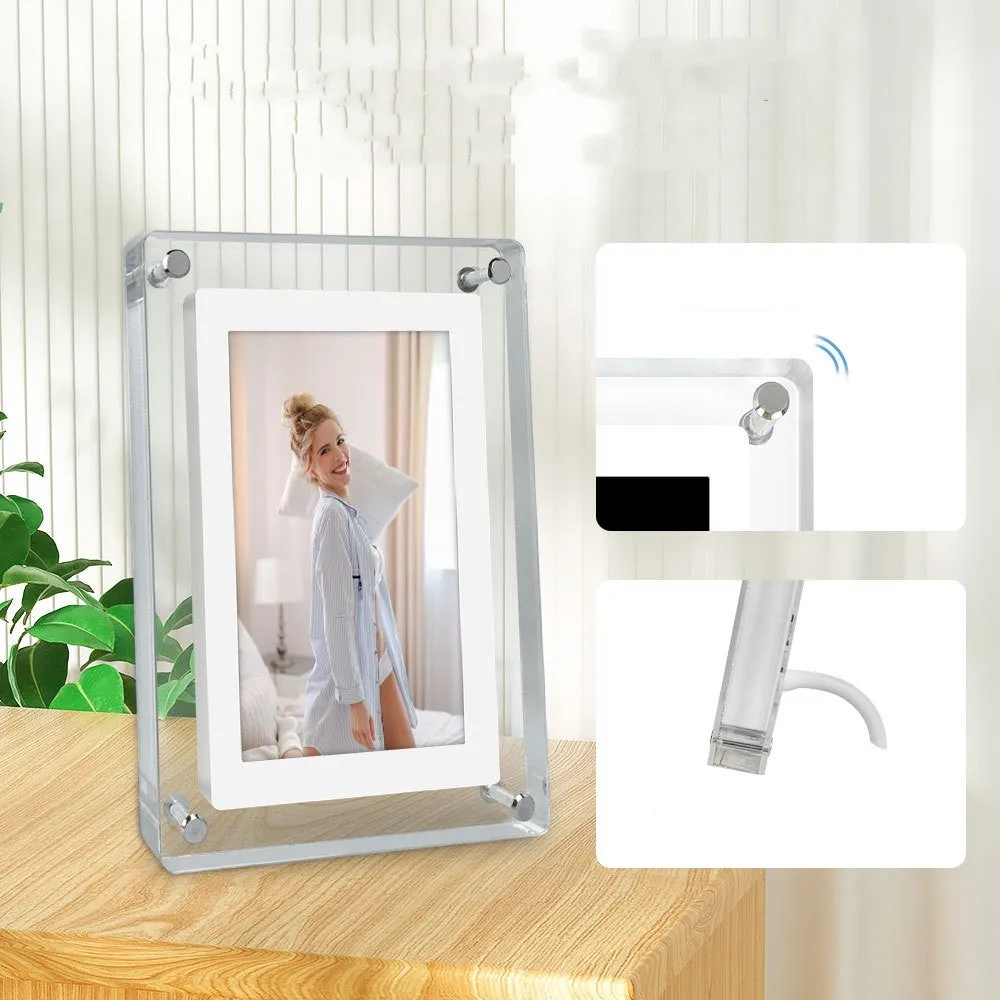 5-inch transparent acrylic digital photo frame with IPS screen and anti-dumping bracket, showing a photo on display