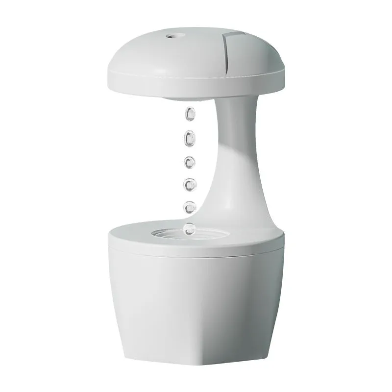 Suspended anti-gravity humidifier in white with USB cable, column shape, and ultrasonic mist output