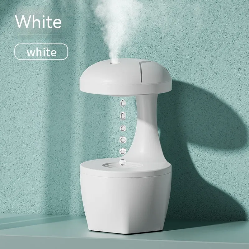 Suspended anti-gravity humidifier in white with USB cable, column shape, and ultrasonic mist output
