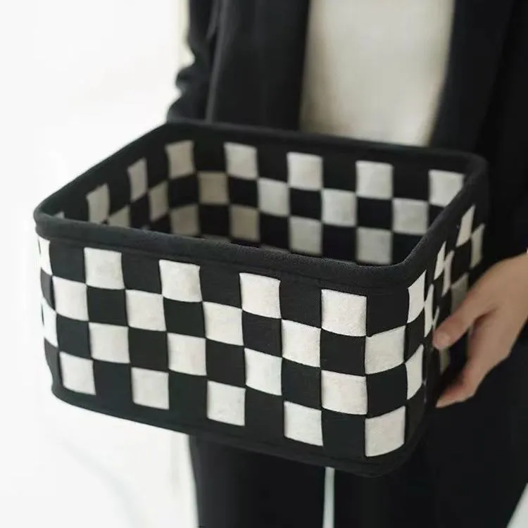 Checkerboard woven felt storage basket with folding design measuring 37x29x19.5cm