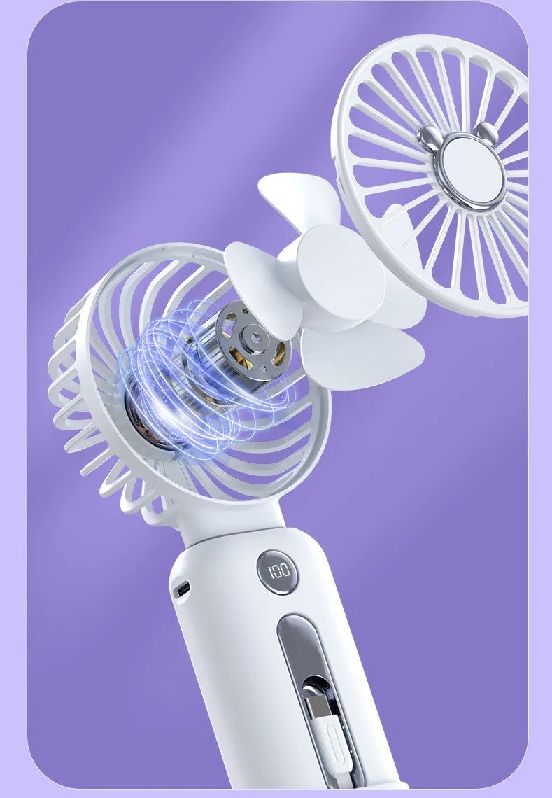 2-in-1 handheld fan with power bank, purple, 88mm brushless blades, compact USB rechargeable portable fan