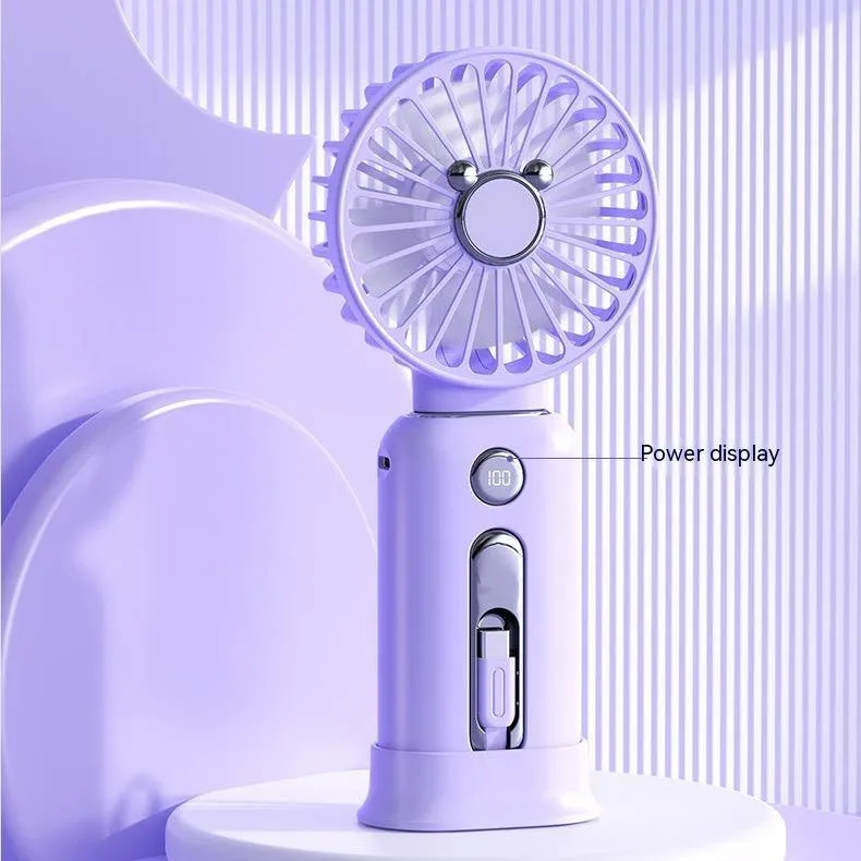 2-in-1 handheld fan with power bank, purple, 88mm brushless blades, compact USB rechargeable portable fan