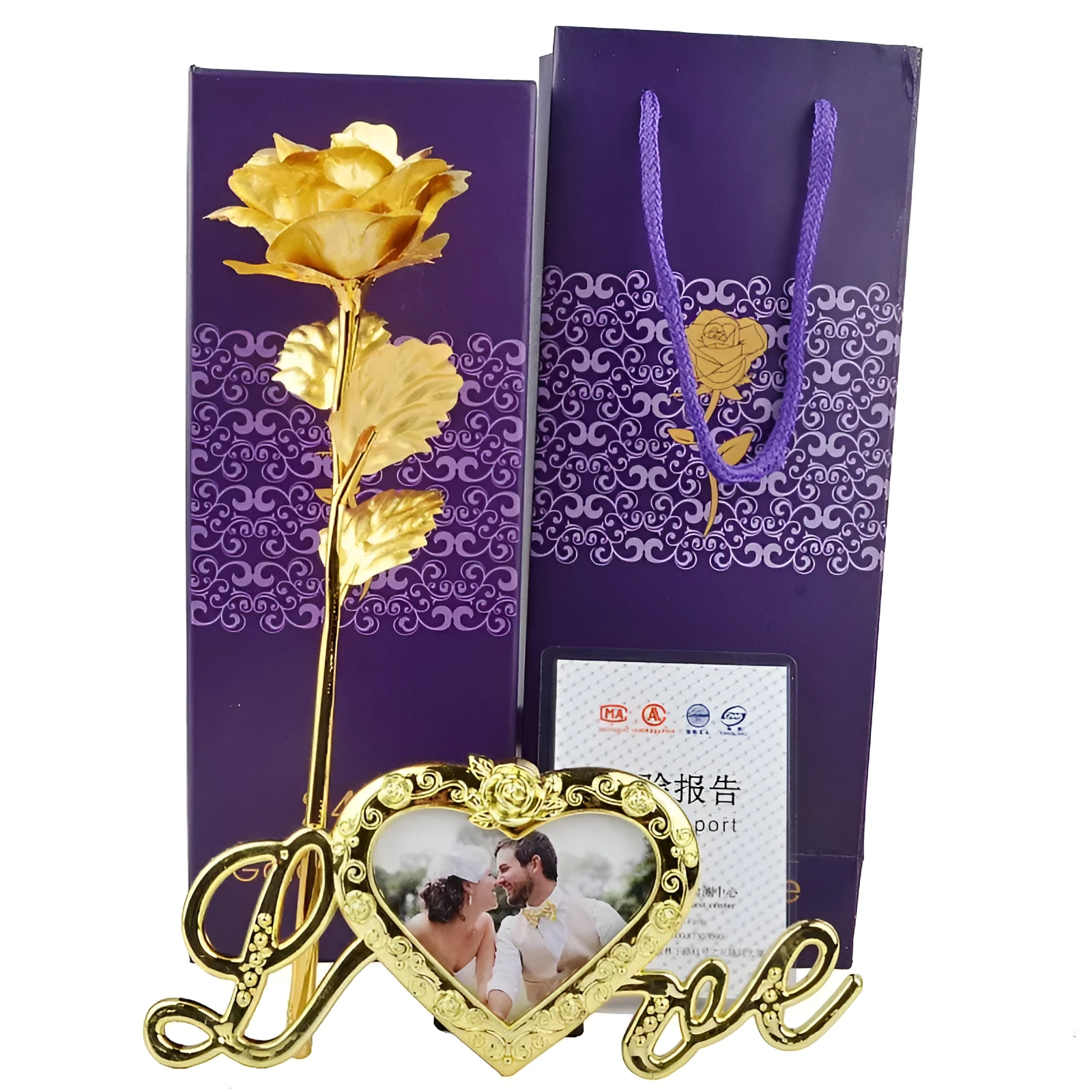 Gold-plated artificial rose with velvet stem on neutral background, available in multiple colours