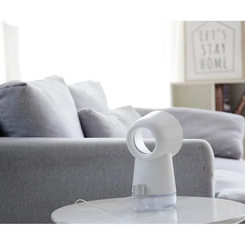 White round desktop humidifier with leafless fan and ultrasonic cool mist, 300ml tank, USB powered