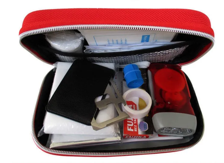 Red plastic survival medical kit emergency storage box with 18 first aid pieces including scissors and bandages