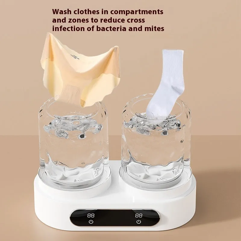 White double bucket mini washing machine with USB cable, showing two separate wash tubs.