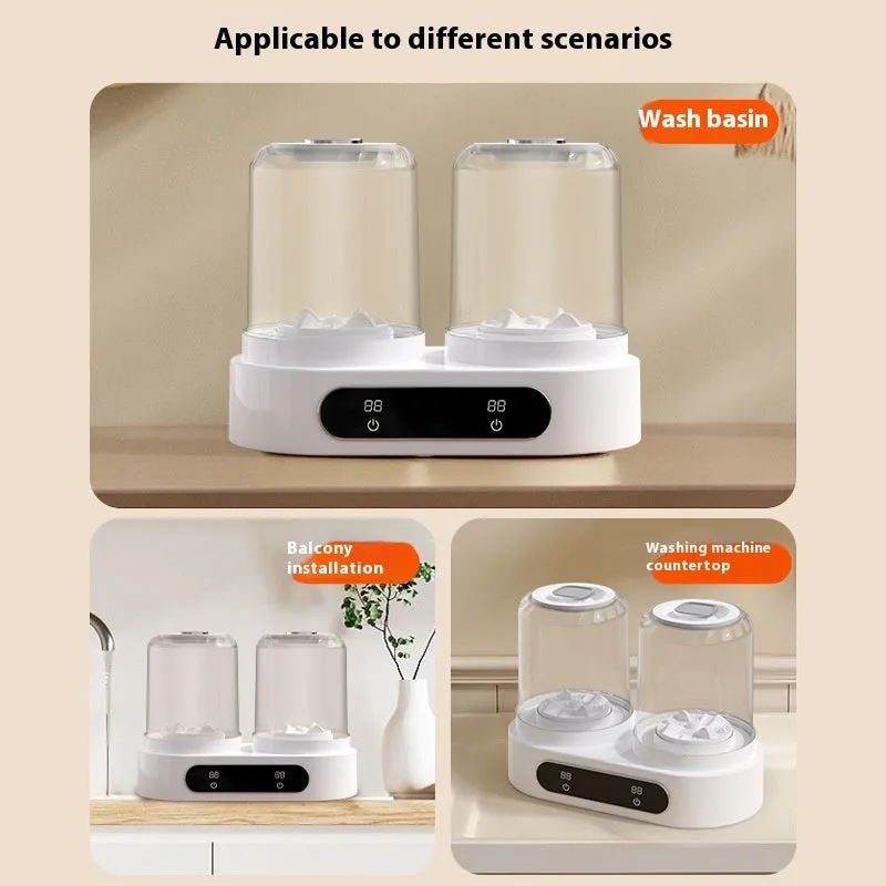 White double bucket mini washing machine with USB cable, showing two separate wash tubs.