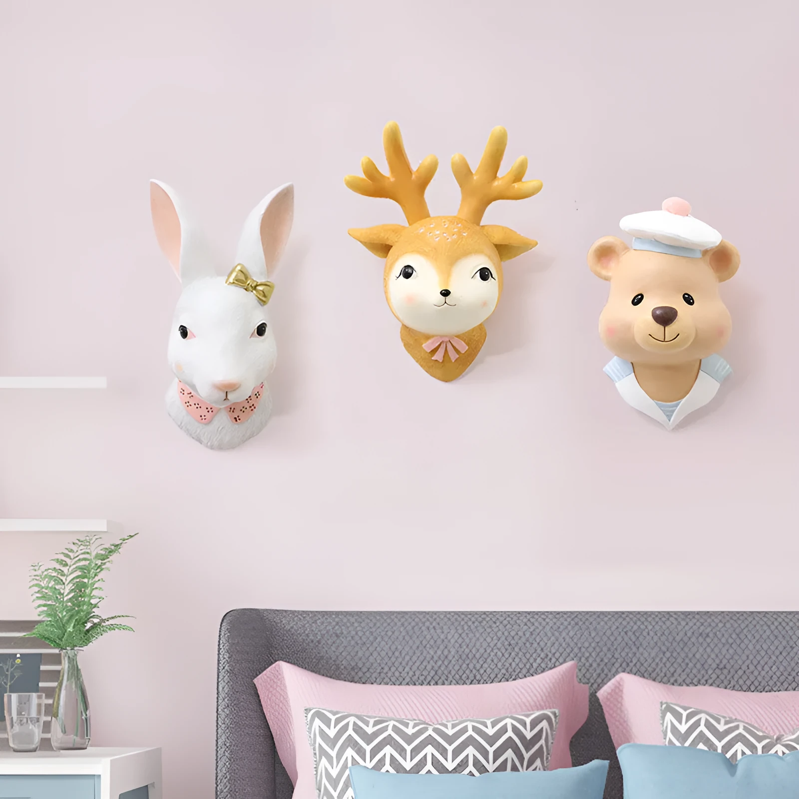 Cartoon rabbit resin wall decor in picture colour with mounting hardware on white background