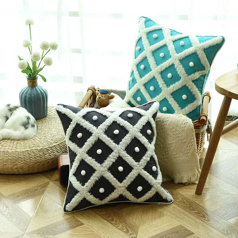 Tufted Moroccan ball cushion cover in cotton hemp blend black colour 45x45cm
