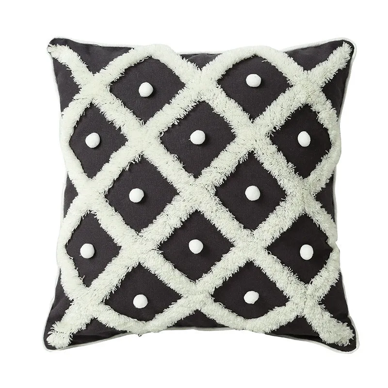 Tufted Moroccan ball cushion cover in cotton hemp blend black colour 45x45cm
