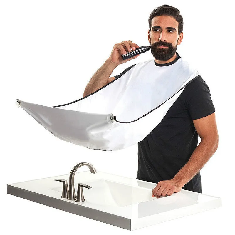 Polyester taff shaving apron with suction cup and tray table, 110x70cm, in black and white