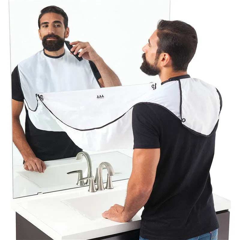 Polyester taff shaving apron with suction cup and tray table, 110x70cm, in black and white