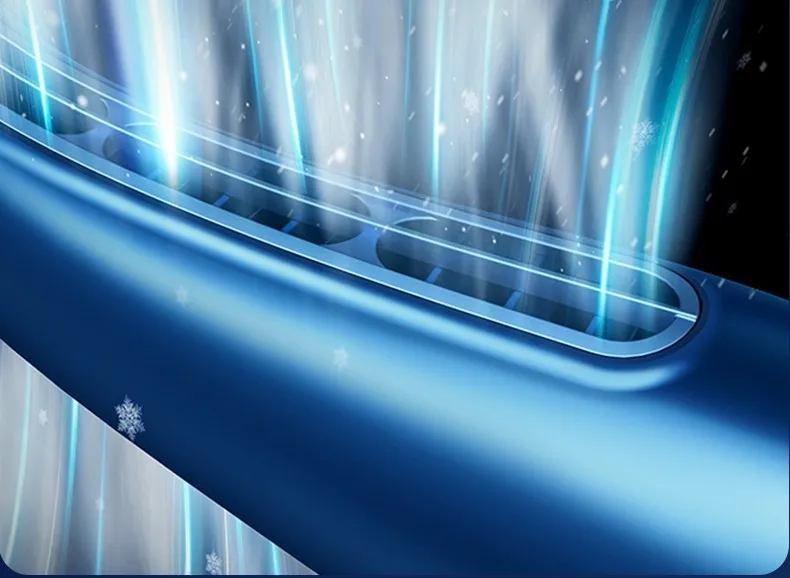 Bladeless neck fan with refrigeration and 4000mAh battery shown in blue, lightweight design for hands-free use