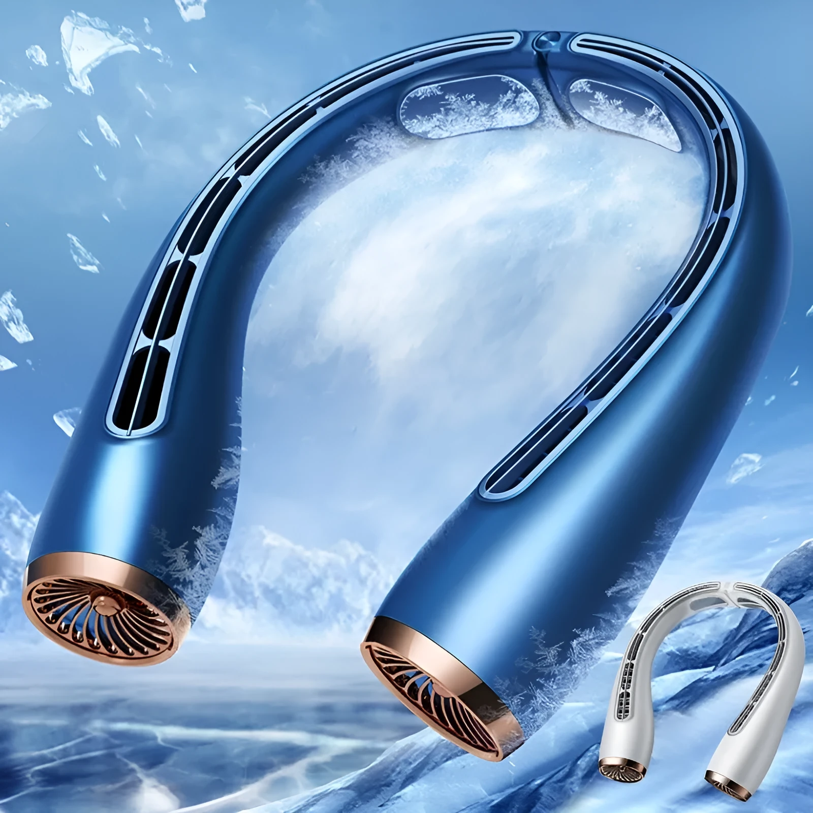 Bladeless neck fan with refrigeration and 4000mAh battery shown in blue, lightweight design for hands-free use
