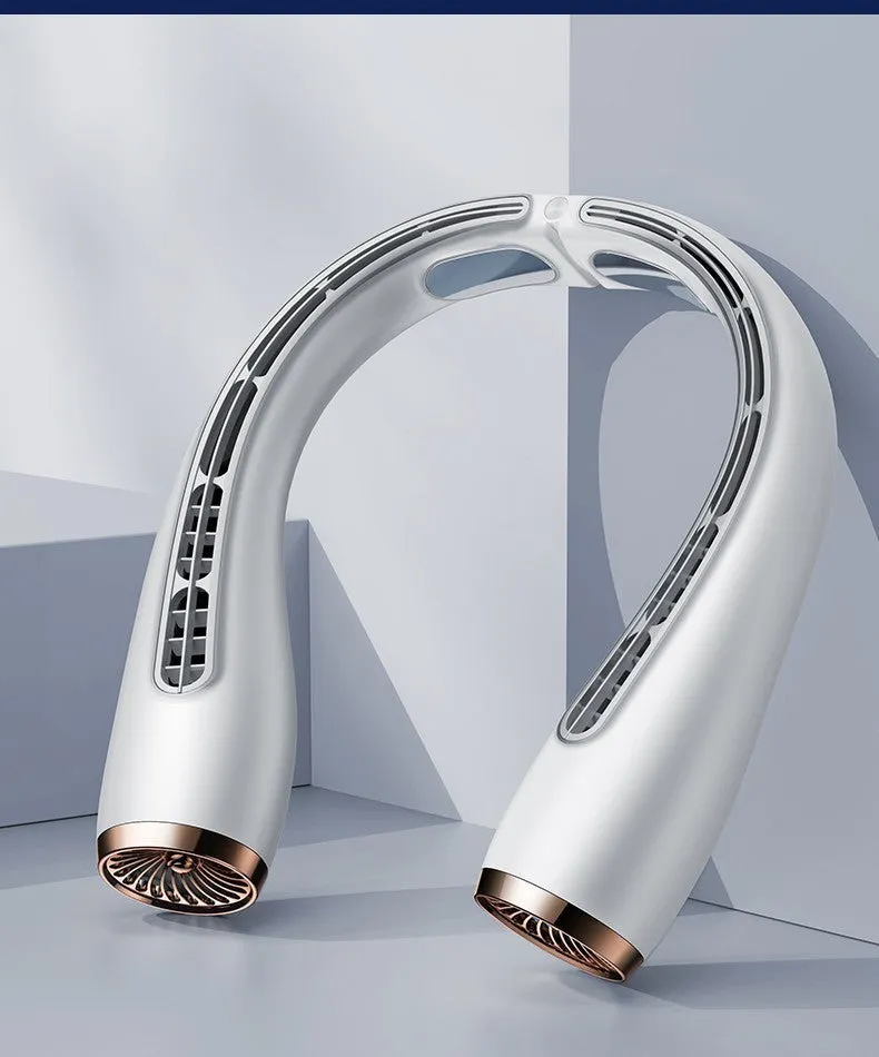 Bladeless neck fan with refrigeration and 4000mAh battery shown in blue, lightweight design for hands-free use