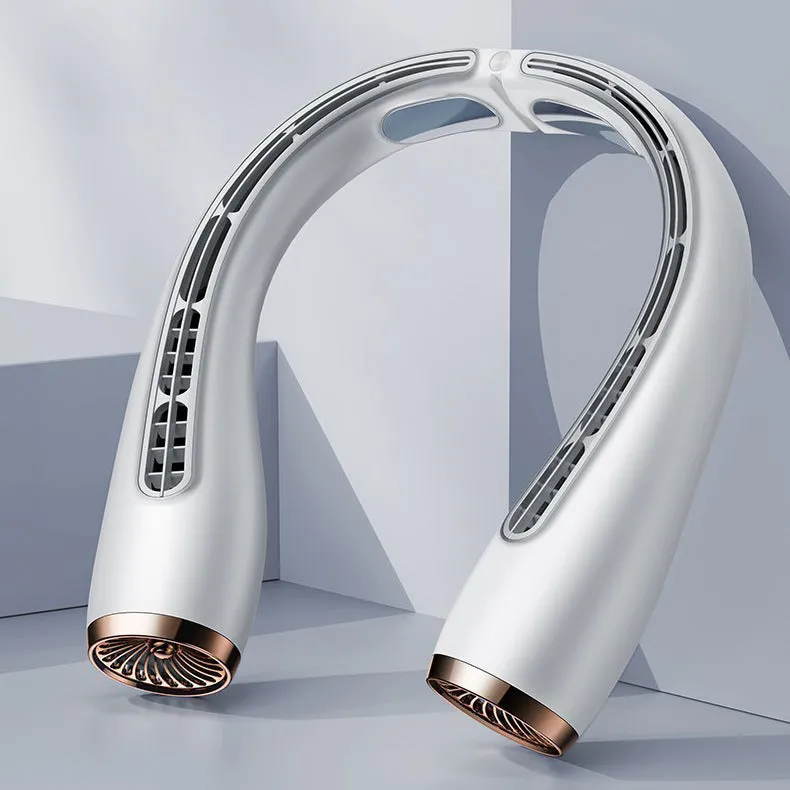 Bladeless neck fan with refrigeration and 4000mAh battery shown in blue, lightweight design for hands-free use