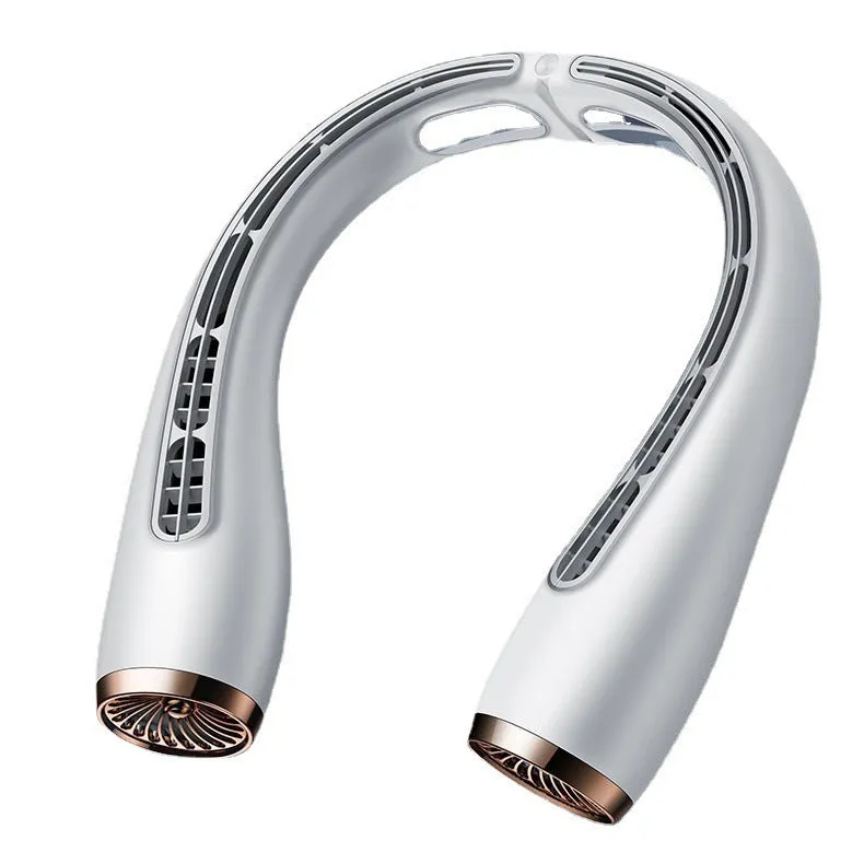 Bladeless neck fan with refrigeration and 4000mAh battery shown in blue, lightweight design for hands-free use
