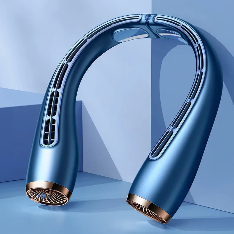 Bladeless neck fan with refrigeration and 4000mAh battery shown in blue, lightweight design for hands-free use