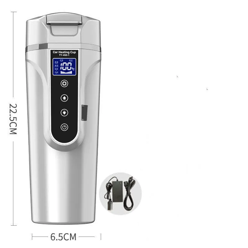 Black car electric heating cup with 400ml capacity, food grade 304 stainless steel inner lining, and power cord placed on a car seat