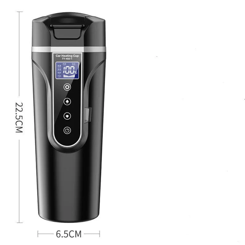 Black car electric heating cup with 400ml capacity, food grade 304 stainless steel inner lining, and power cord placed on a car seat