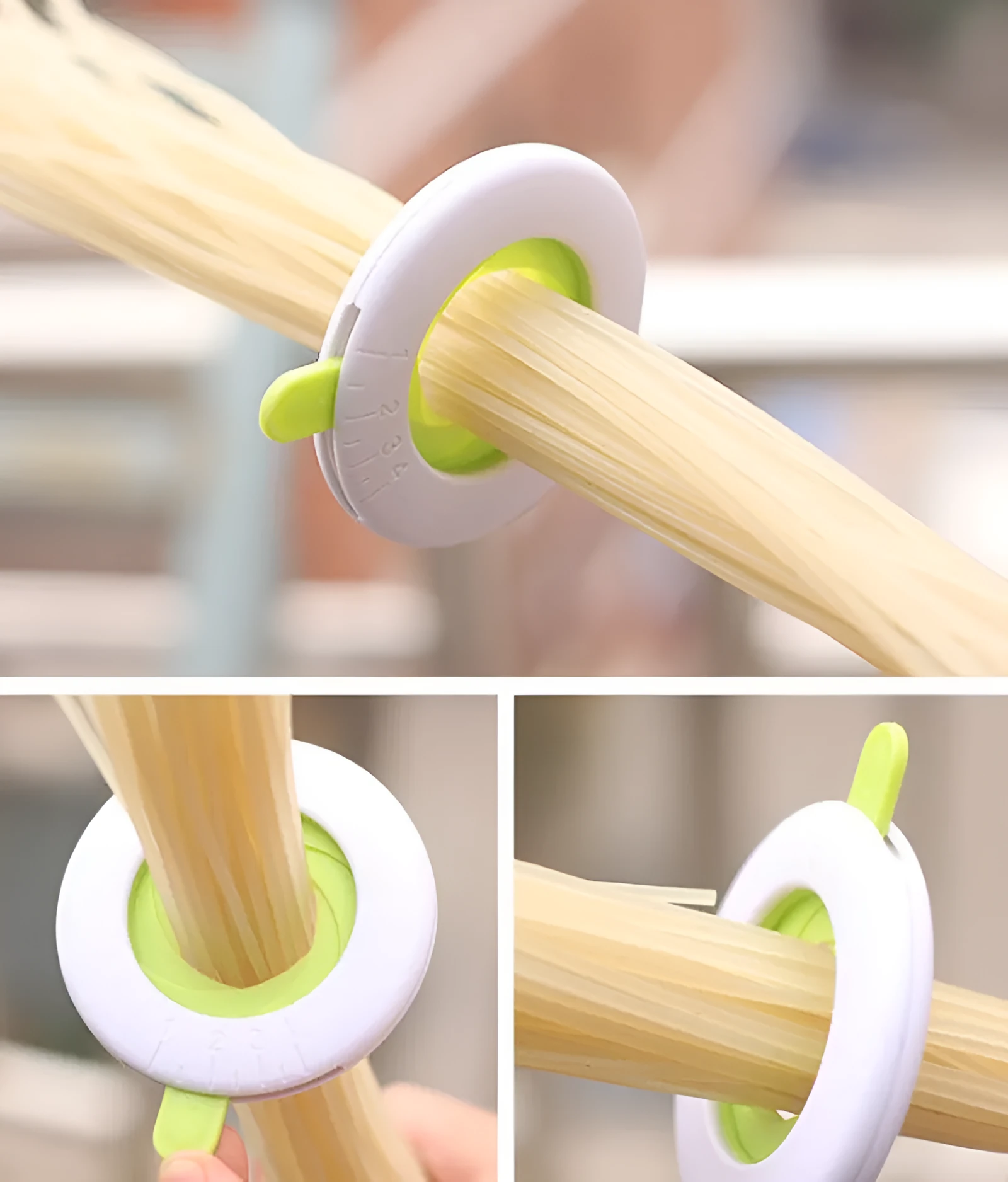 Plastic pasta noodle thickness selector tool with rotating dial, 8x9x1cm