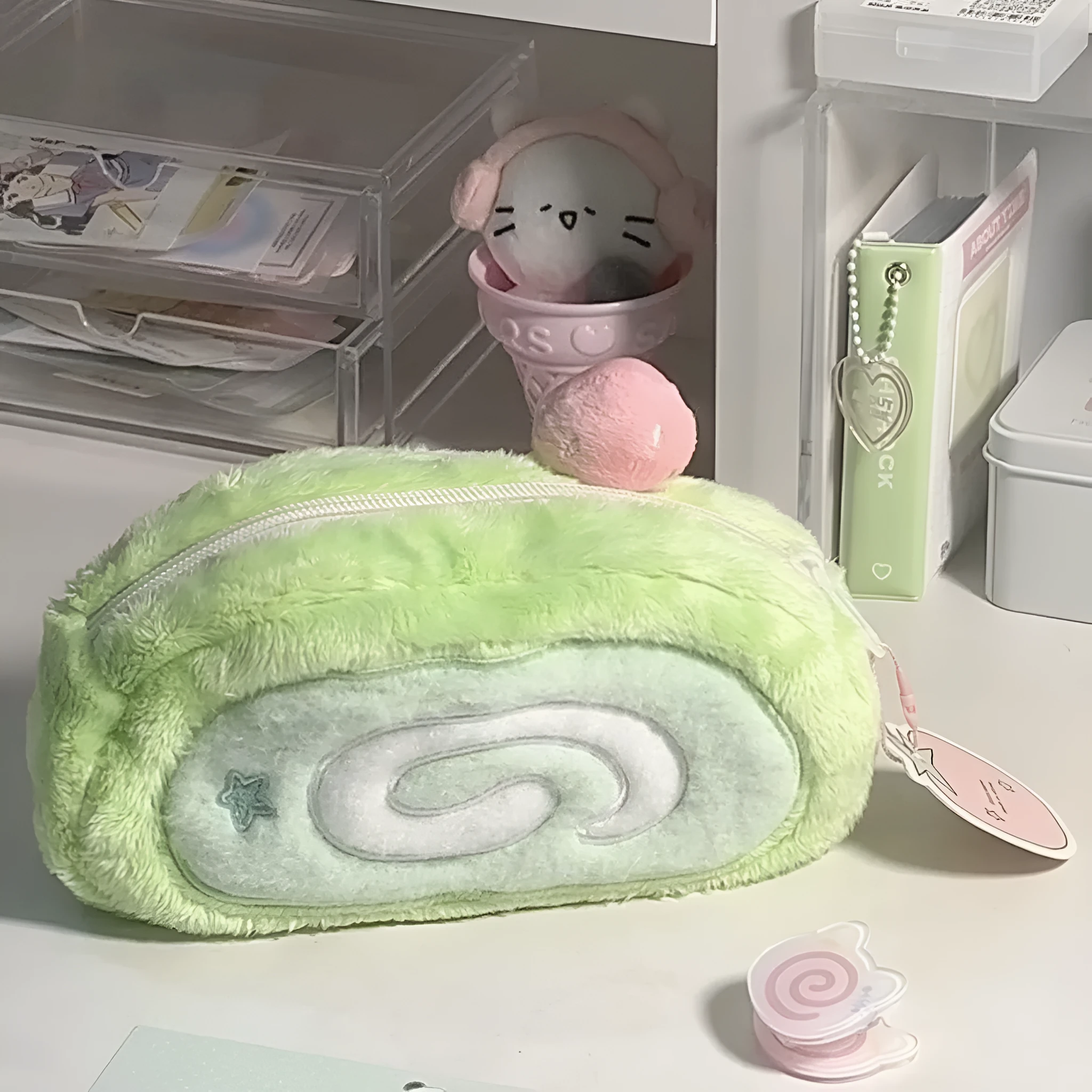 Honeydew roll plush velvet pencil case with Swiss roll cake design and zipped closure