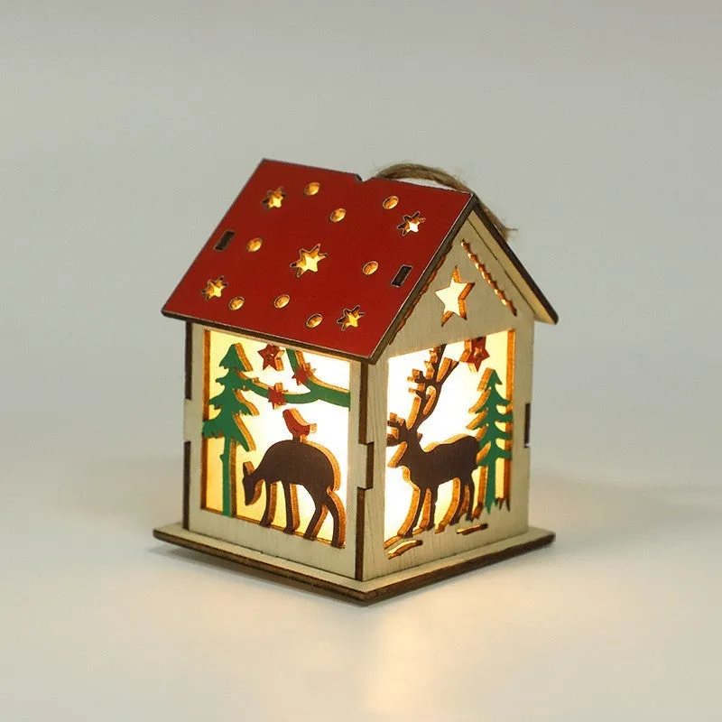 Decorative festive luminous wooden pendant 7cm x 7cm x 9cm, wooden ornament with wick and battery, Snowman B style