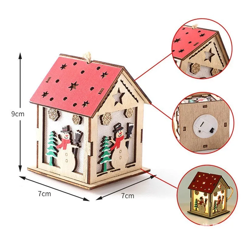 Decorative festive luminous wooden pendant 7cm x 7cm x 9cm, wooden ornament with wick and battery, Snowman B style