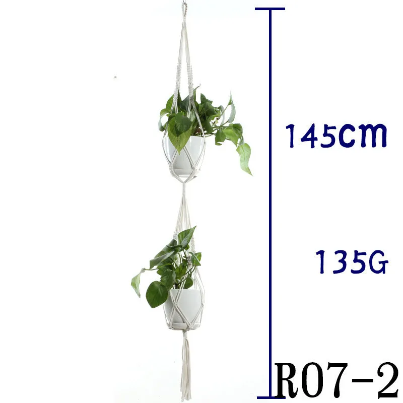 Beige cotton rope flower pot net bag handmade plant hanger hanging basket sling with adjustable bottom