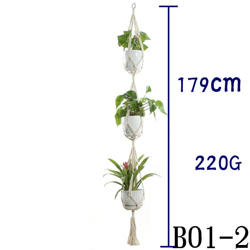 Beige cotton rope flower pot net bag handmade plant hanger hanging basket sling with adjustable bottom