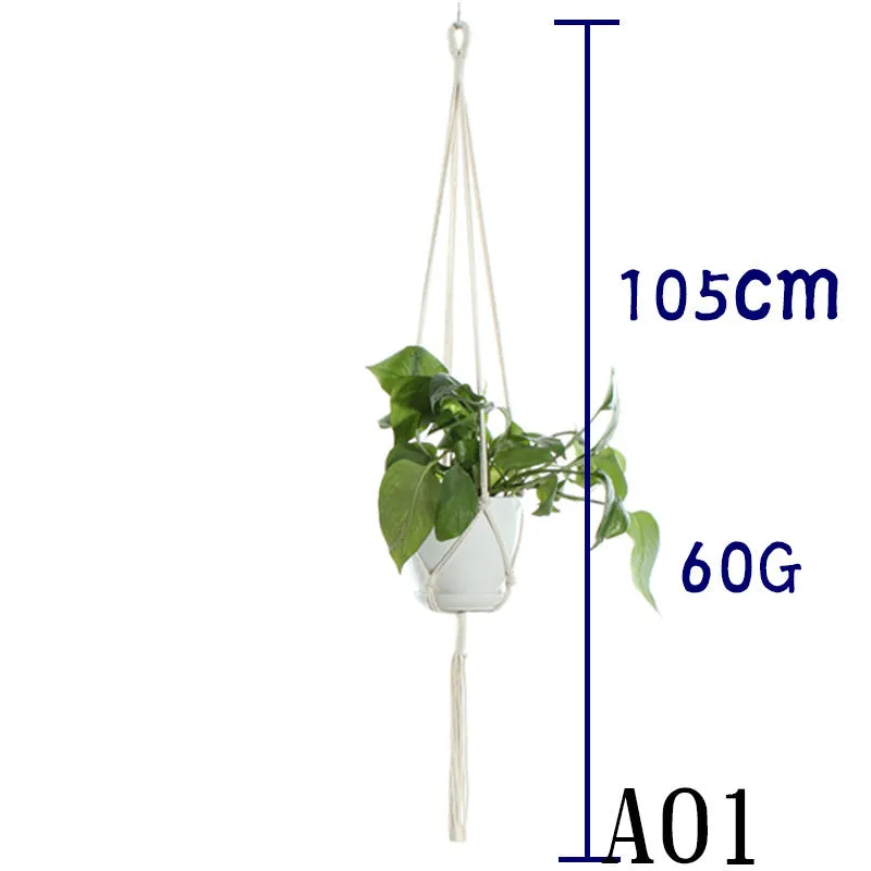 Beige cotton rope flower pot net bag handmade plant hanger hanging basket sling with adjustable bottom