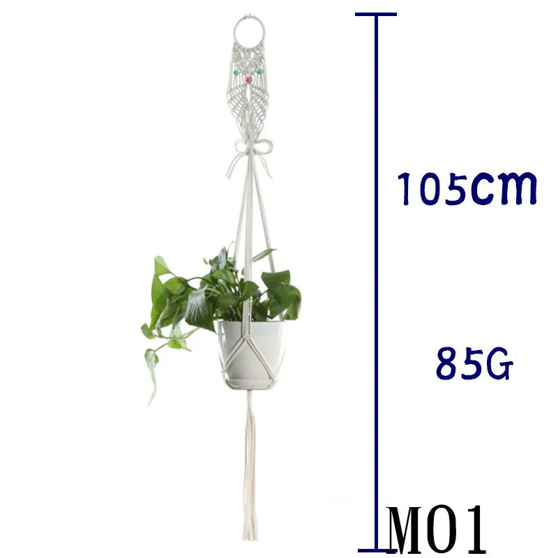Beige cotton rope flower pot net bag handmade plant hanger hanging basket sling with adjustable bottom