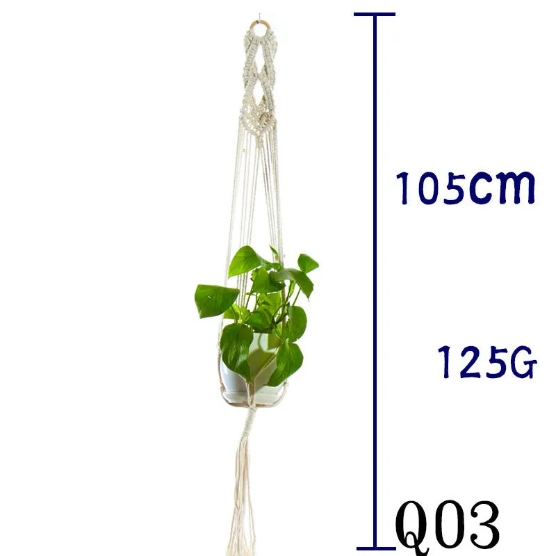 Beige cotton rope flower pot net bag handmade plant hanger hanging basket sling with adjustable bottom