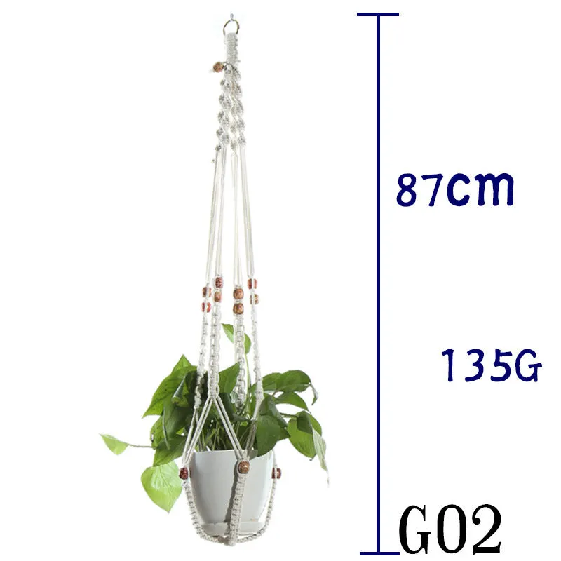 Beige cotton rope flower pot net bag handmade plant hanger hanging basket sling with adjustable bottom