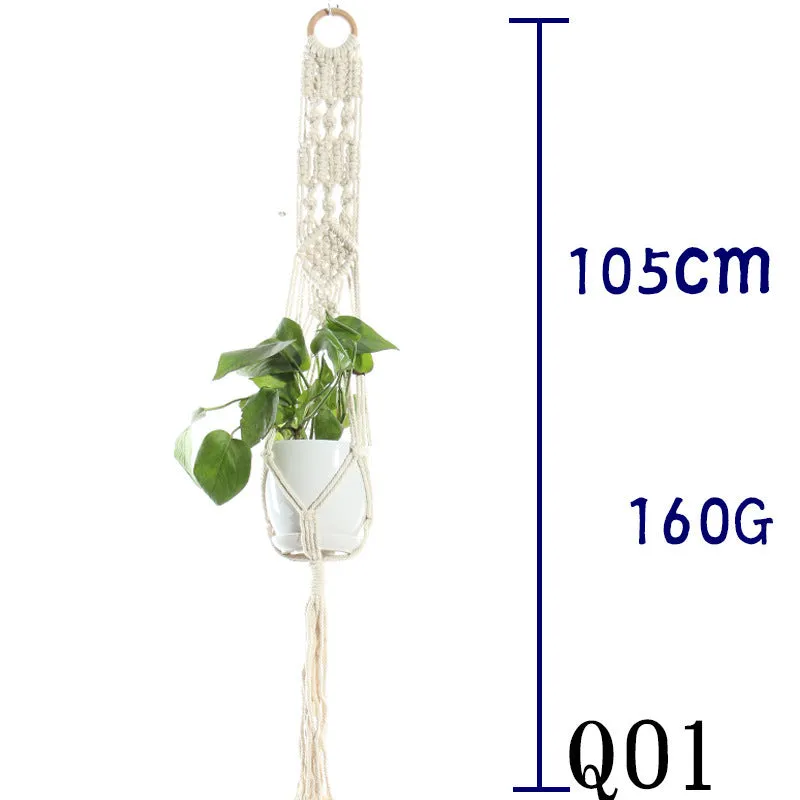 Beige cotton rope flower pot net bag handmade plant hanger hanging basket sling with adjustable bottom