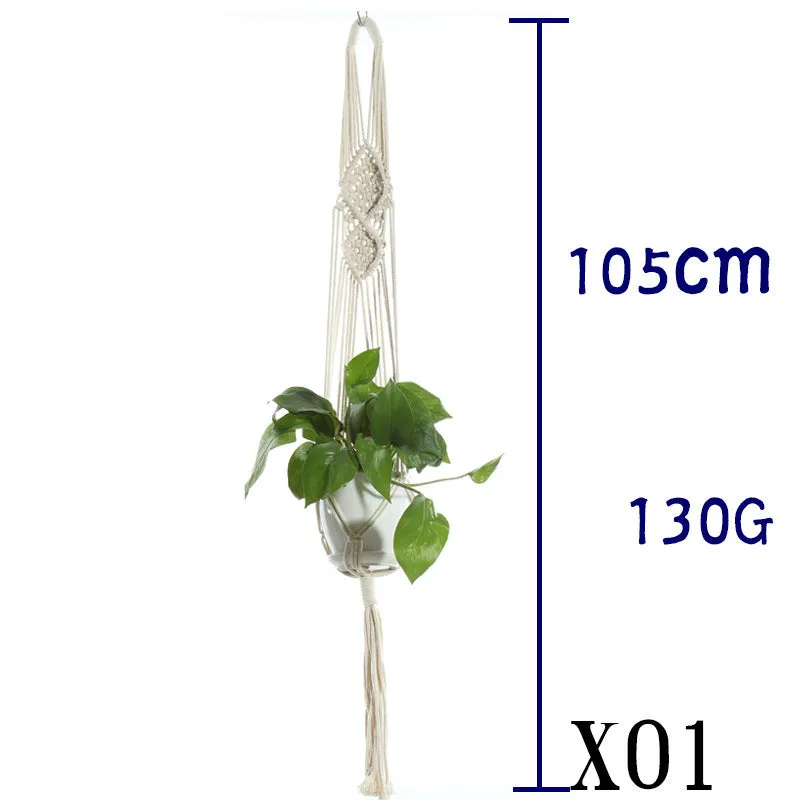 Beige cotton rope flower pot net bag handmade plant hanger hanging basket sling with adjustable bottom