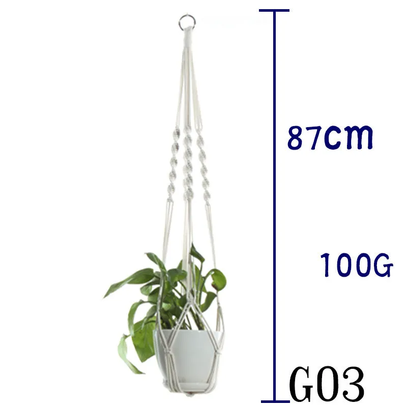 Beige cotton rope flower pot net bag handmade plant hanger hanging basket sling with adjustable bottom